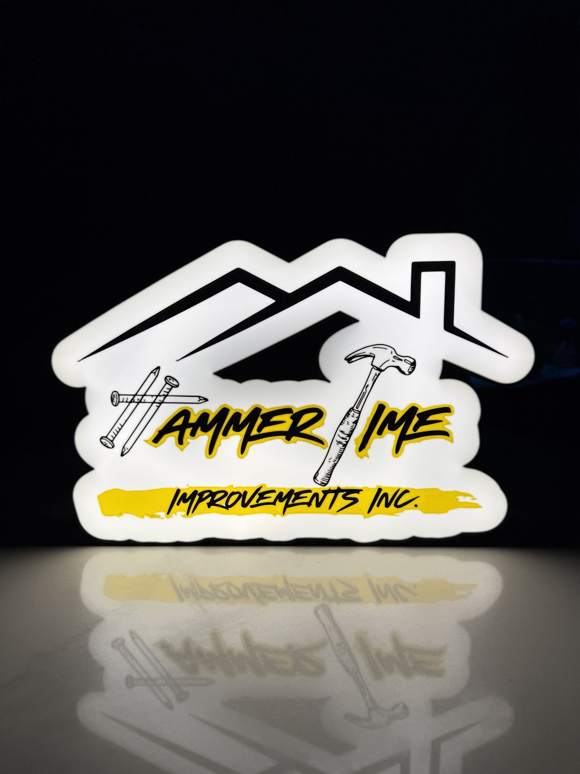 White Ammer Time Improvements sign with roof hammer and nails