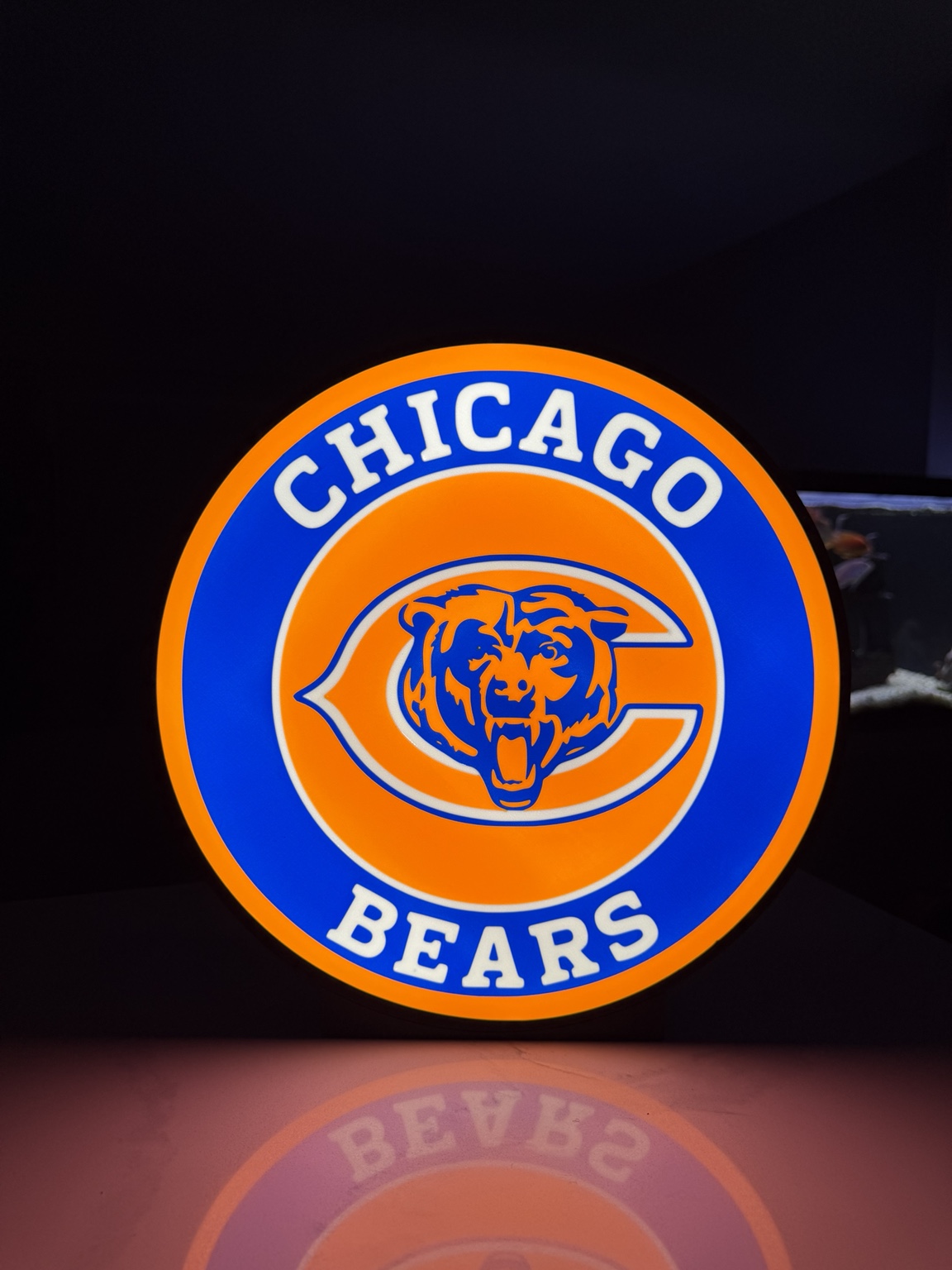 Orange and blue Chicago Bears circular illuminated lightbox
