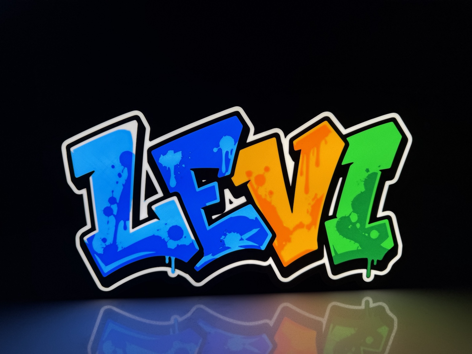 Levi graffiti style illuminated name sign in blue orange and green
