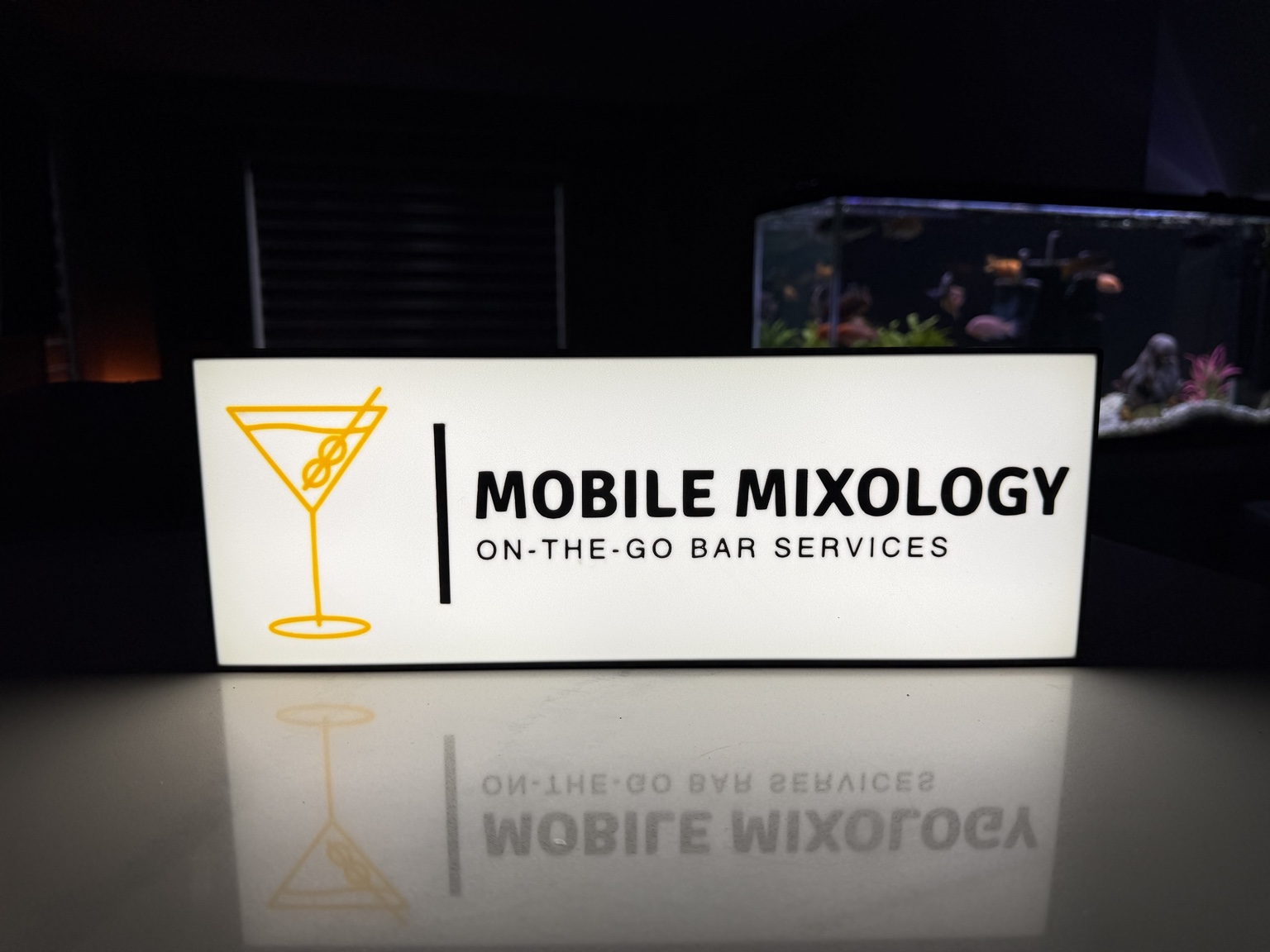 White Mobile Mixology on-the-go bar services illuminated sign