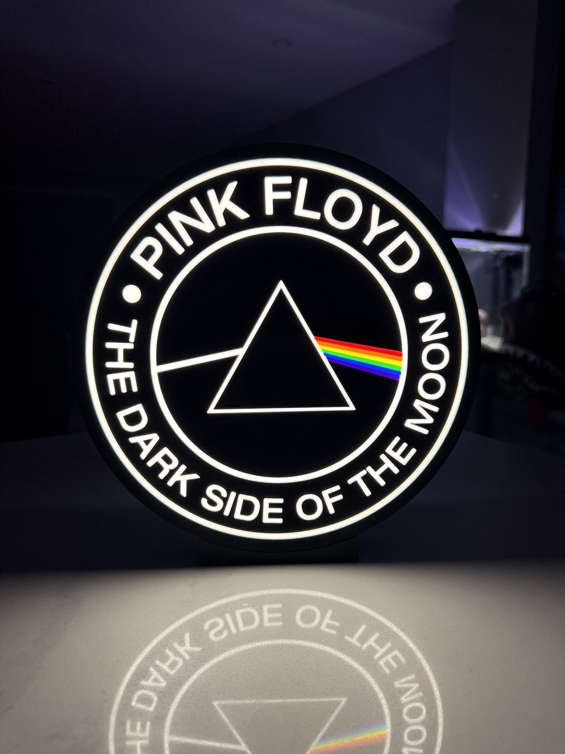 Pink Floyd The Dark Side of the Moon circular lightbox with prism and rainbow