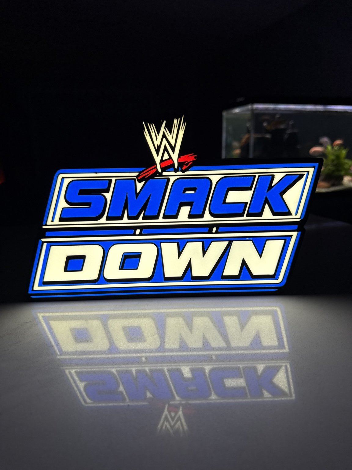Blue and white WWE SmackDown illuminated sign